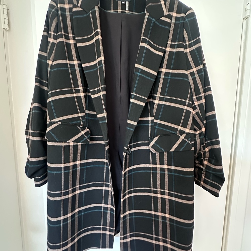 1. State Black and Green Plaid Blazer